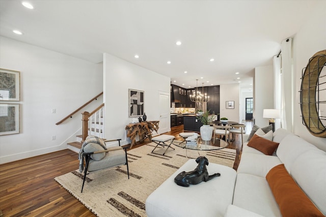 1514 31st St, Galveston, TX 77550 - living area with stairs, wood finished floors, a chandelier, recessed lighting, and baseboards