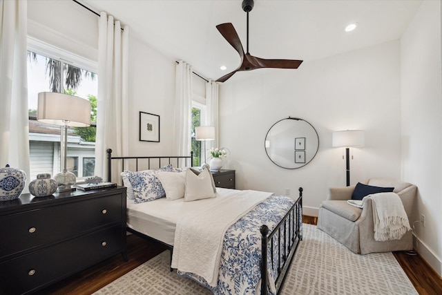 1514 31st St, Galveston, TX 77550 - bedroom with dark wood finished floors, baseboards, ceiling fan, and recessed lighting