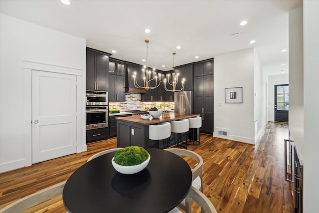 1514 31st St, Galveston, TX 77550 - kitchen with appliances with stainless steel finishes, custom exhaust hood, backsplash, a center island with sink, and dark wood-style flooring