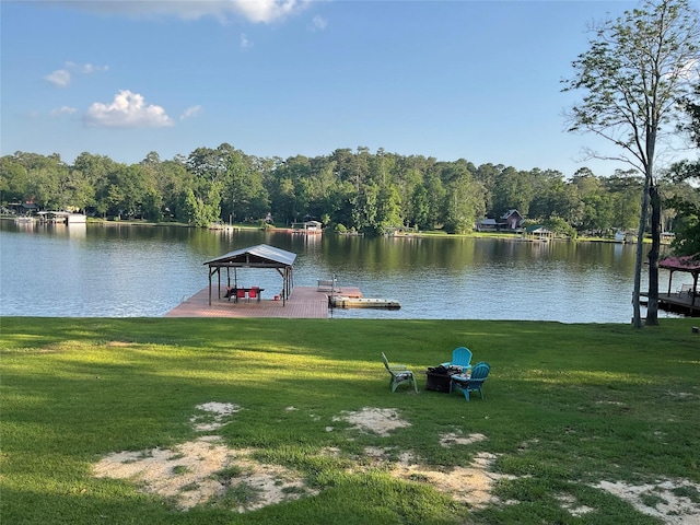 530 Sherwood Forest Dr W, Ivanhoe, TX 75979 - dock with a yard, a water view, a fire pit, and a gazebo