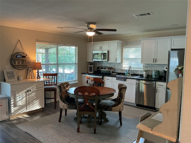 530 Sherwood Forest Dr W, Ivanhoe, TX 75979 - kitchen with stainless steel appliances, a sink, crown molding, a ceiling fan, and tasteful backsplash