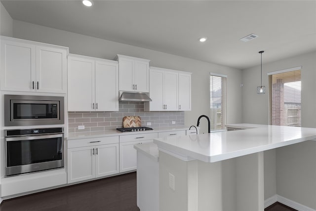 6026 Lake Bridge Ln, Manvel, TX 77578 - kitchen featuring appliances with stainless steel finishes, under cabinet range hood, decorative backsplash, light countertops, and white cabinets