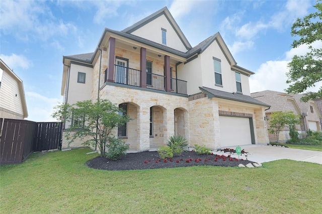 6026 Lake Bridge Ln, Manvel, TX 77578 - view of front of property featuring stone siding, a balcony, stucco siding, and an attached garage