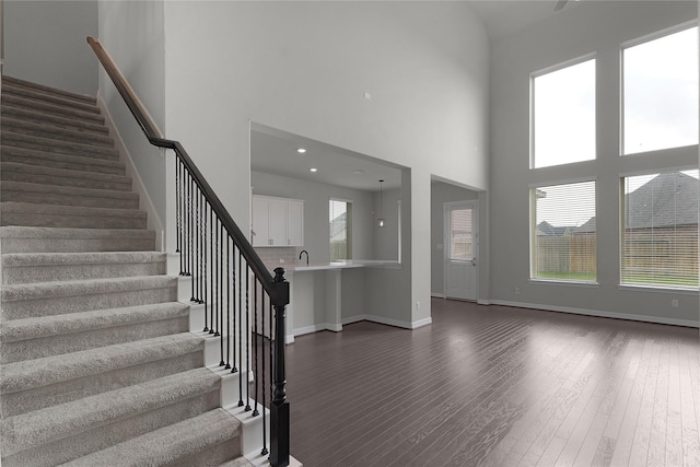 6026 Lake Bridge Ln, Manvel, TX 77578 - staircase featuring a high ceiling, wood finished floors, healthy amount of natural light, and baseboards
