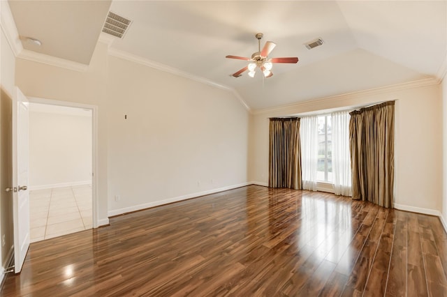 14330 Ayers Rock Rd, Sugar Land, TX 77498 - spare room with dark wood-style floors, ceiling fan, crown molding, baseboards, and lofted ceiling