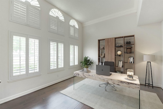 14330 Ayers Rock Rd, Sugar Land, TX 77498 - office area featuring healthy amount of natural light, ornamental molding, baseboards, and wood finished floors