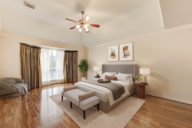 14330 Ayers Rock Rd, Sugar Land, TX 77498 - bedroom featuring wood finished floors, high vaulted ceiling, baseboards, and a ceiling fan