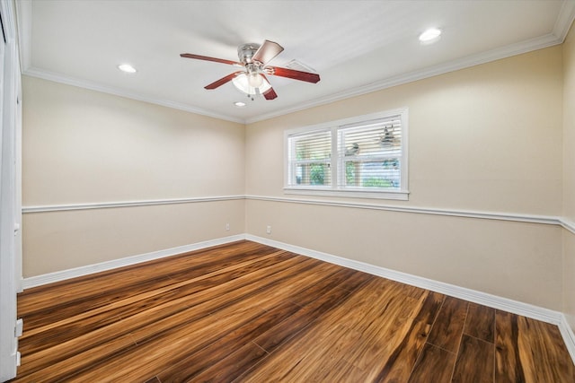 7506 Dearborn St, Houston, TX 77055 - empty room featuring baseboards, wood finished floors, a ceiling fan, recessed lighting, and crown molding