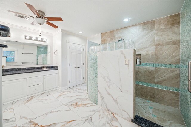7506 Dearborn St, Houston, TX 77055 - full bath featuring a walk in shower, crown molding, ceiling fan, vanity, and recessed lighting