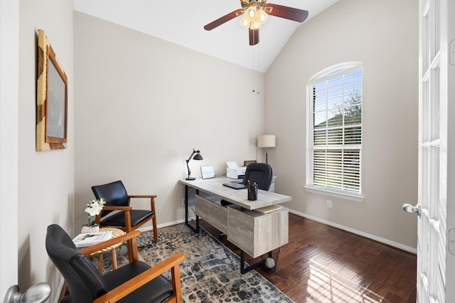 2807 Hadley Spgs, Spring, TX 77386 - office area with a ceiling fan, vaulted ceiling, wood finished floors, and baseboards