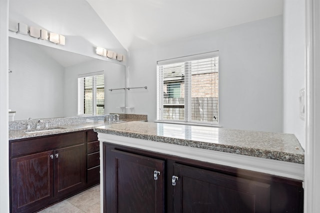 2807 Hadley Spgs, Spring, TX 77386 - bathroom with vaulted ceiling, vanity, and tile patterned flooring