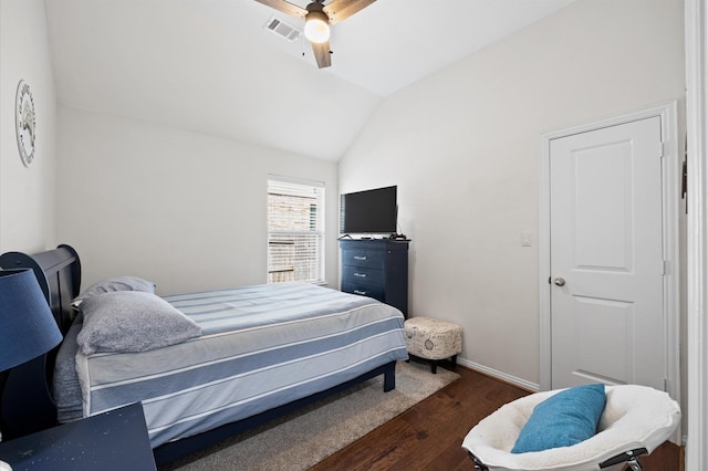 2807 Hadley Spgs, Spring, TX 77386 - bedroom with dark wood-type flooring, lofted ceiling, a ceiling fan, and baseboards