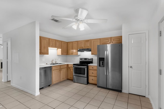 2521 Crosstimbers St Unit A3, Huntsville, TX 77320 - kitchen with stainless steel appliances, under cabinet range hood, a sink, light countertops, and a ceiling fan