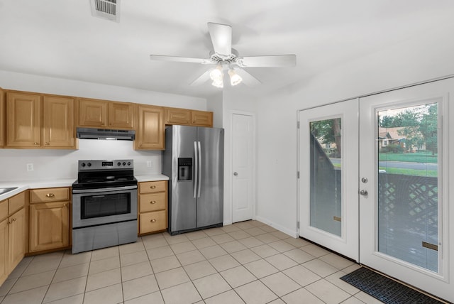 2521 Crosstimbers St Unit A3, Huntsville, TX 77320 - kitchen featuring stainless steel appliances, under cabinet range hood, light countertops, a ceiling fan, and light tile patterned floors