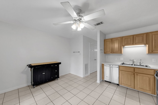 2521 Crosstimbers St Unit A3, Huntsville, TX 77320 - kitchen with stainless steel dishwasher, a sink, ceiling fan, light countertops, and baseboards