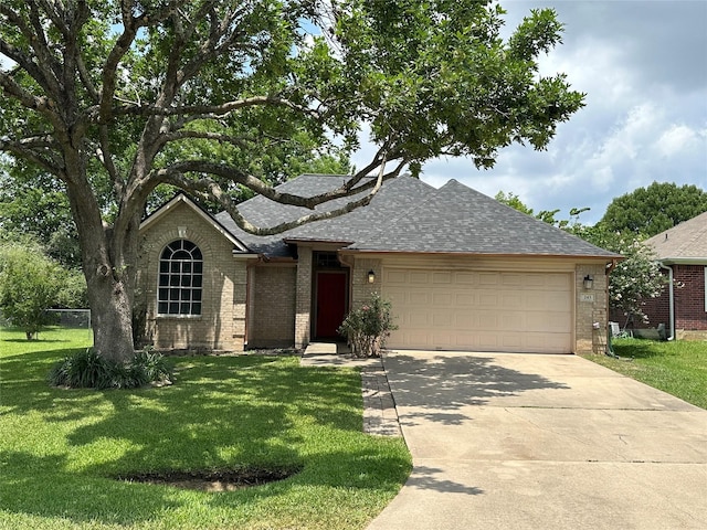 243 Fantasy Ln, Montgomery, TX 77356 - view of front facade with an attached garage, brick siding, driveway, and a shingled roof