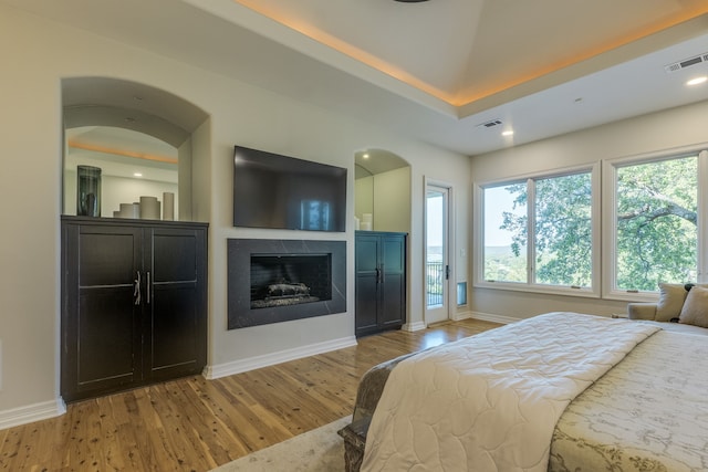 115 Hidden Hills Dr, Spicewood, TX 78669 - bedroom with light wood-type flooring, baseboards, a fireplace, arched walkways, and recessed lighting