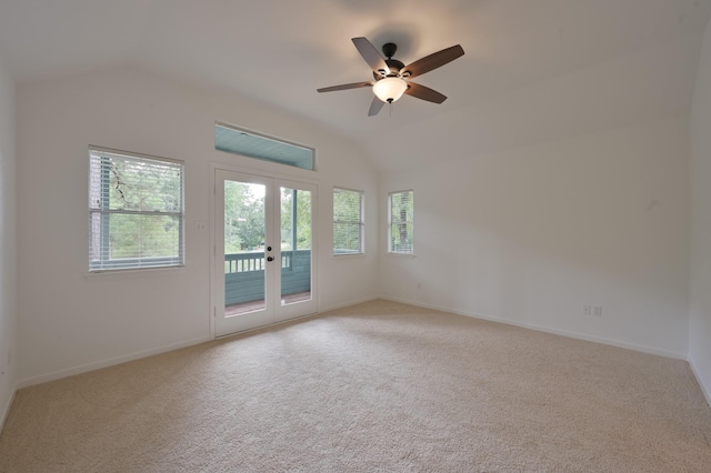 3 Shallow Pond Ct, The Woodlands, TX 77381 - unfurnished room with vaulted ceiling, french doors, light carpet, a ceiling fan, and baseboards