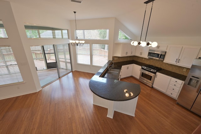 3 Shallow Pond Ct, The Woodlands, TX 77381 - kitchen featuring appliances with stainless steel finishes, a chandelier, dark countertops, plenty of natural light, and high vaulted ceiling