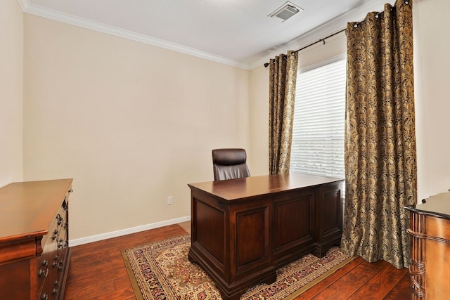 12822 Winding Manor Dr, Houston, TX 77044 - office featuring dark wood-style flooring, baseboards, and ornamental molding