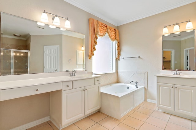 12822 Winding Manor Dr, Houston, TX 77044 - bathroom with a stall shower, two vanities, a tub with jets, tile patterned floors, and crown molding