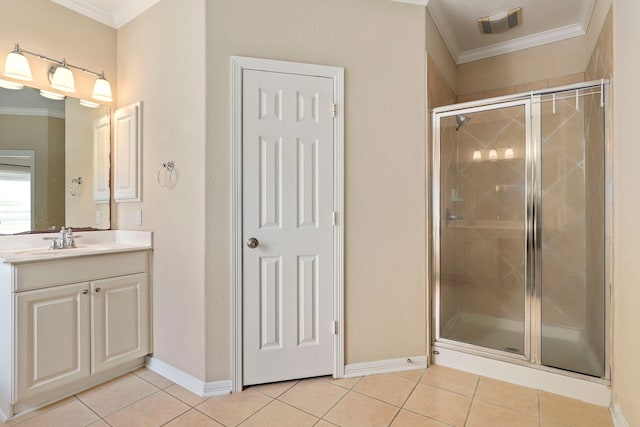 12822 Winding Manor Dr, Houston, TX 77044 - full bathroom featuring ornamental molding, vanity, a stall shower, tile patterned floors, and baseboards
