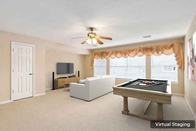 12822 Winding Manor Dr, Houston, TX 77044 - recreation room with carpet floors, a ceiling fan, and baseboards