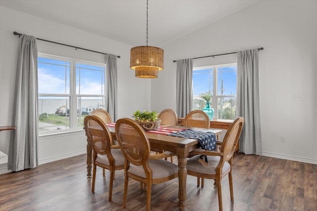 1023 N Bay St, Gilchrist, TX 77617 - dining space featuring a chandelier, healthy amount of natural light, vaulted ceiling, and dark wood-style floors