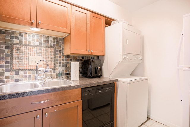 515 Tallowood Rd Unit 1, Houston, TX 77024 - kitchen with dishwasher, stacked washer / dryer, a sink, backsplash, and light tile patterned flooring
