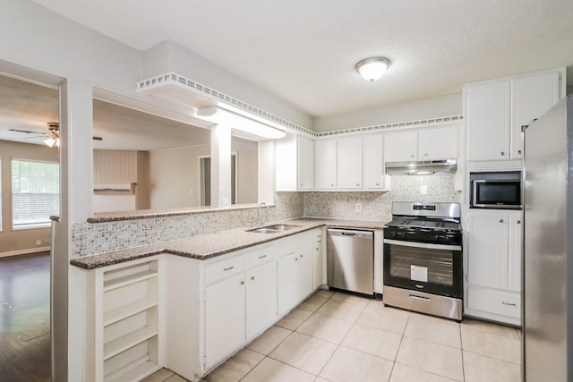 315 Eastlake St, Houston, TX 77034 - kitchen featuring stainless steel appliances, under cabinet range hood, a sink, tasteful backsplash, and white cabinets