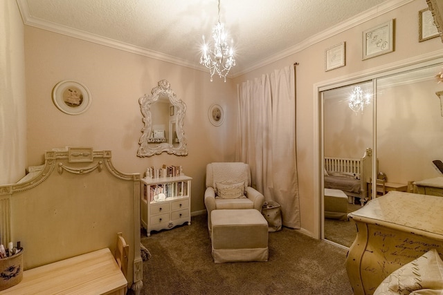 5200 Weslayan St Unit 108, Houston, TX 77005 - living area with a chandelier, carpet floors, crown molding, and a textured ceiling