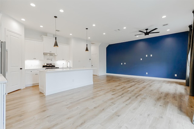 7810 Kenton St, Houston, TX 77028 - kitchen featuring stainless steel appliances, open floor plan, ceiling fan, under cabinet range hood, and recessed lighting
