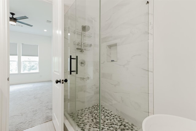 7810 Kenton St, Houston, TX 77028 - full bath featuring a stall shower, a ceiling fan, and recessed lighting