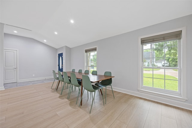 18215 Hereford Ln, Houston, TX 77058 - dining space with vaulted ceiling, recessed lighting, light wood finished floors, and baseboards