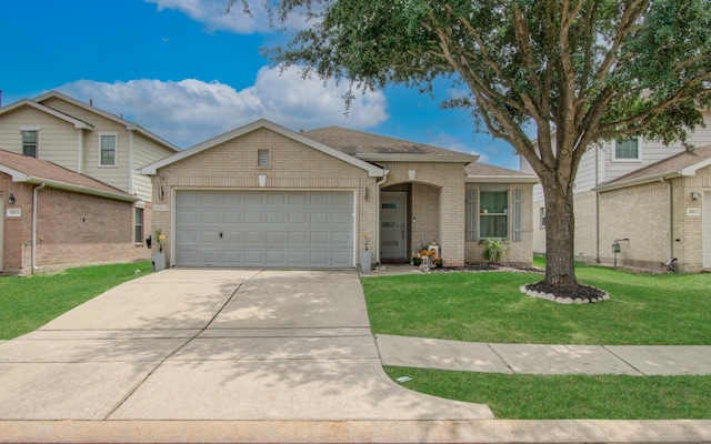 20507 Hillsdale Park Dr, Cypress, TX 77433 - ranch-style house featuring an attached garage, concrete driveway, a front lawn, and brick siding