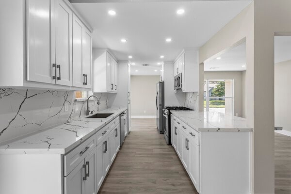 10719 Carlota Ct, Houston, TX 77096 - kitchen with appliances with stainless steel finishes, a sink, wood finished floors, recessed lighting, and baseboards