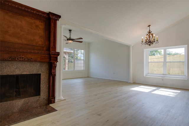 15803 Pryor Dr, Houston, TX 77489 - unfurnished living room featuring light wood-style flooring, a fireplace, a chandelier, baseboards, and a ceiling fan