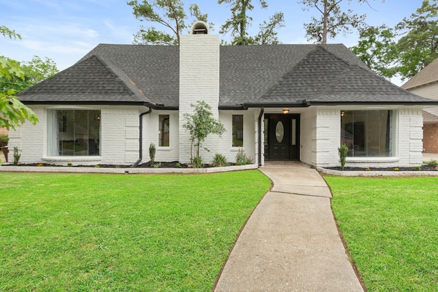 9222 New Forest Rd, Spring, TX 77379 - view of front facade with a shingled roof, brick siding, a front yard, and a chimney