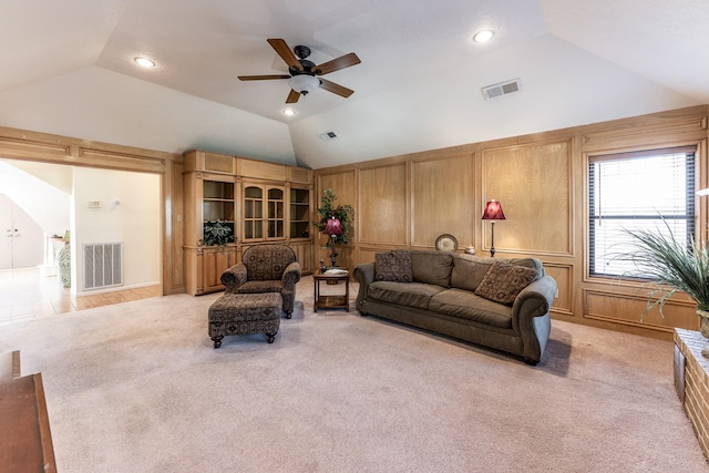 18 Village Hill Dr, Conroe, TX 77304 - living room with vaulted ceiling, ceiling fan, light colored carpet, and recessed lighting