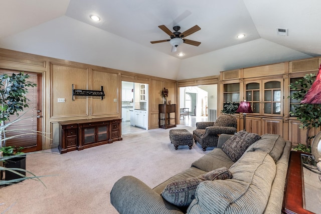 18 Village Hill Dr, Conroe, TX 77304 - living area featuring lofted ceiling, ceiling fan, light colored carpet, and recessed lighting
