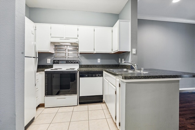 3231 Allen Pkwy Unit 6205, Houston, TX 77019 - kitchen featuring white appliances, a sink, under cabinet range hood, dark countertops, and crown molding