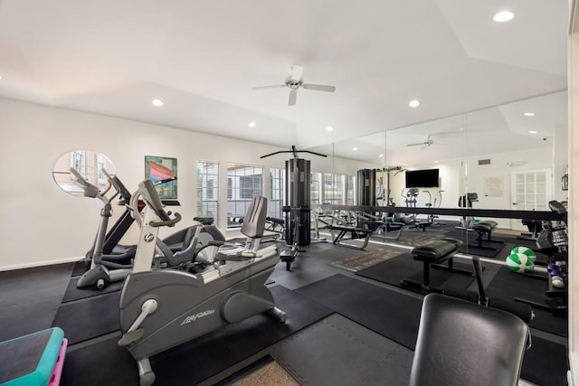 3231 Allen Pkwy Unit 6205, Houston, TX 77019 - exercise room featuring a ceiling fan, recessed lighting, and baseboards