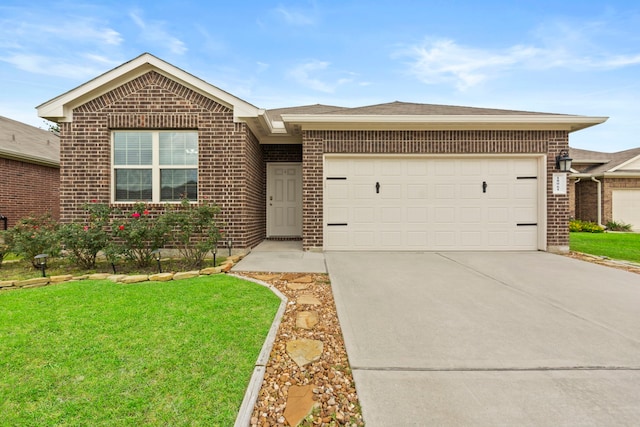 18061 Atwood Mill Dr, New Caney, TX 77357 - ranch-style home featuring brick siding, driveway, a front lawn, and an attached garage