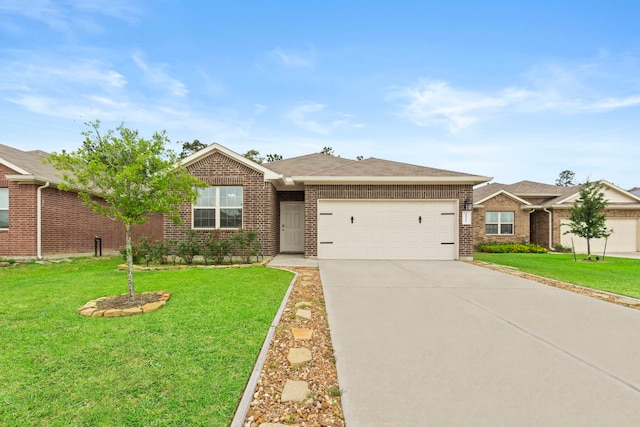 18061 Atwood Mill Dr, New Caney, TX 77357 - ranch-style home with a garage, brick siding, concrete driveway, and a front lawn