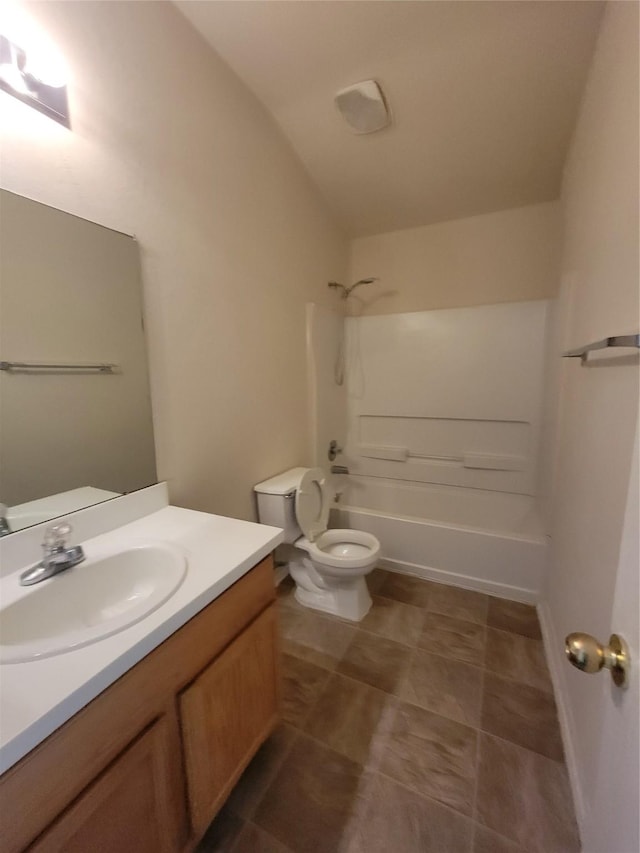 18214 Olive Leaf Dr, Houston, TX 77084 - bathroom featuring toilet, vanity, shower / bathtub combination, and vaulted ceiling