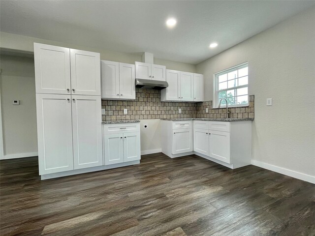 527 W 4th St, Freeport, TX 77541 - kitchen featuring under cabinet range hood, white cabinets, decorative backsplash, and recessed lighting