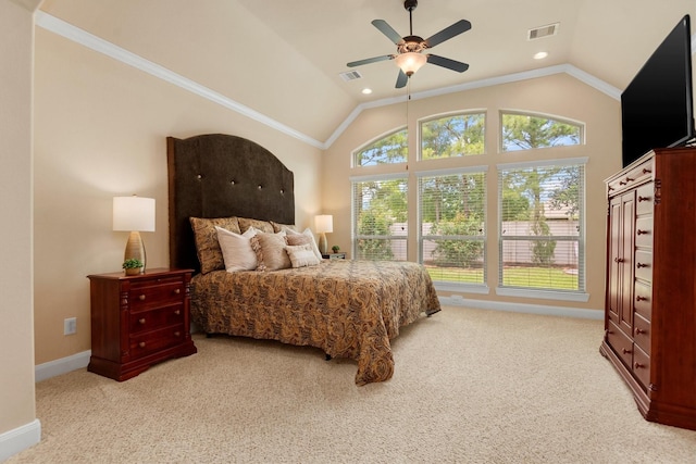 19023 Wild Thornberry Dr, Tomball, TX 77377 - carpeted bedroom with vaulted ceiling, baseboards, ceiling fan, and crown molding