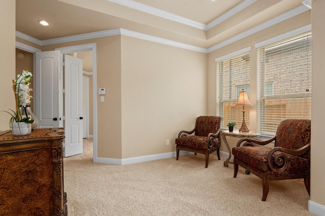 19023 Wild Thornberry Dr, Tomball, TX 77377 - sitting room with carpet floors, baseboards, crown molding, and recessed lighting
