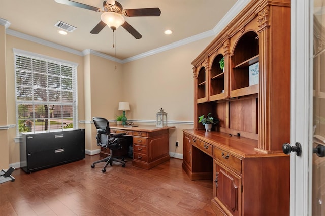 19023 Wild Thornberry Dr, Tomball, TX 77377 - office space featuring ceiling fan, wood finished floors, ornamental molding, baseboards, and recessed lighting