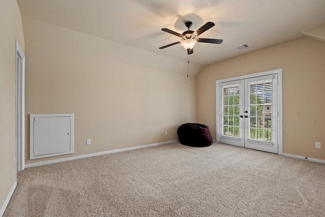 19023 Wild Thornberry Dr, Tomball, TX 77377 - carpeted spare room with french doors, baseboards, a ceiling fan, and lofted ceiling